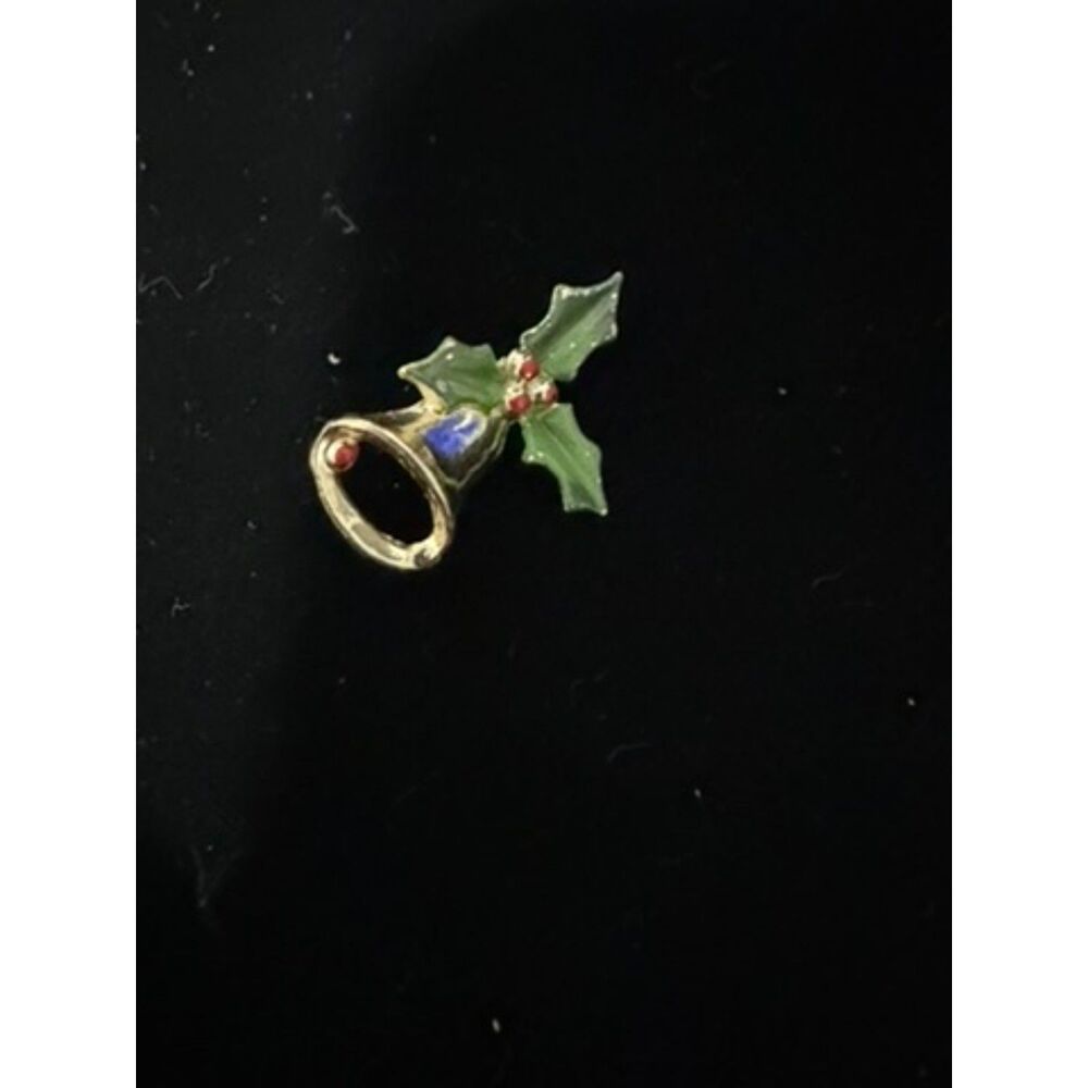 vtg gold tone christmas holly bell enameled brooch